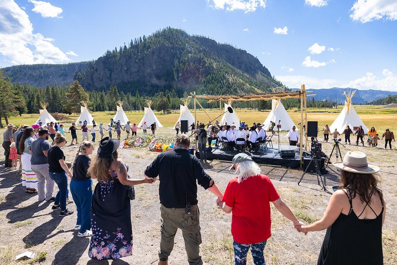 Round Dance during REMATRIATE performance at All Nations Teepee Village in Madison Junction, August 2022; Image by Jacob W. Frank, National Park Service